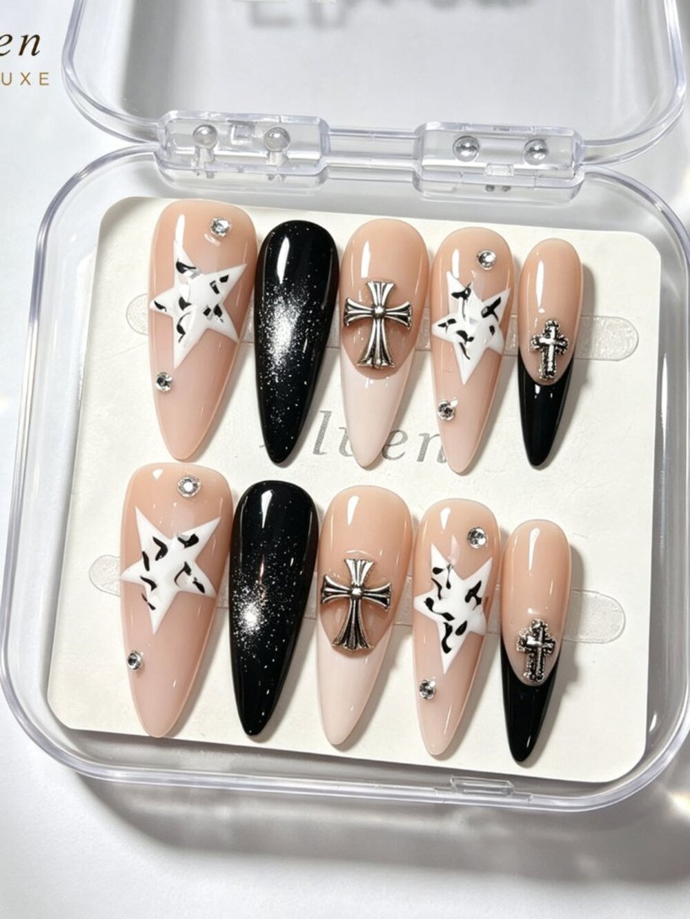 Y2K Goth Black Cat Eye Stiletto Press On Nails with Cow Print Star & Metal Cross